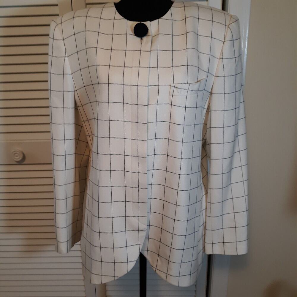 Vintage Jacqueline Ferrar Plaid Blazer Ivory Black Check Plus Sz 16 Classic